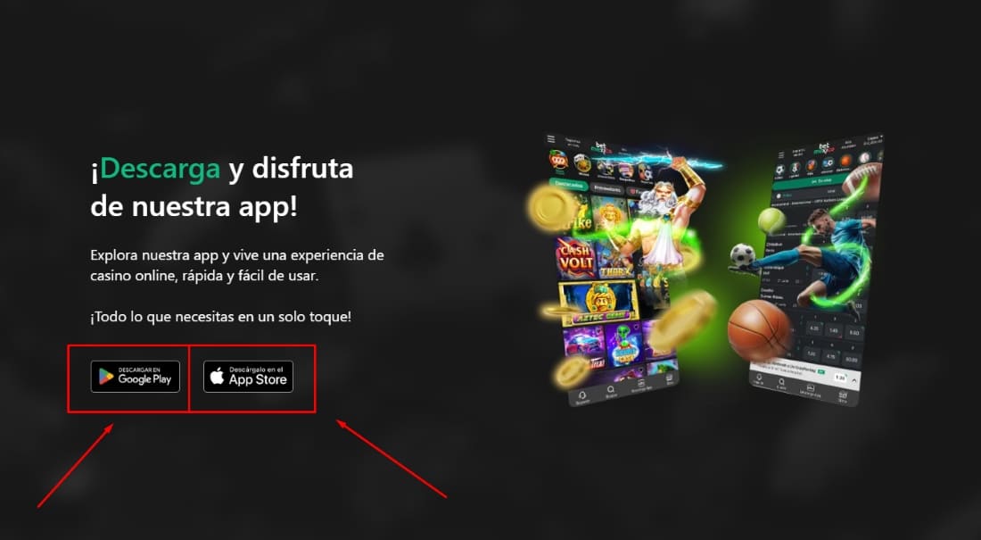 App download page promoting BetMexico mobile app with buttons for Play Store and App Store
