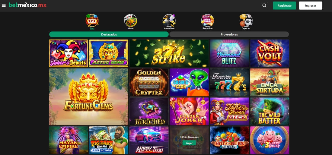 Highlighted slots section at BetMexico with vibrant thumbnails of top online games