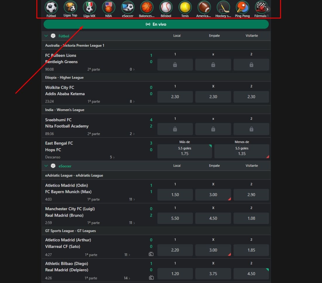 Live sports betting screen showing football, basketball, tennis, and more on BetMexico
