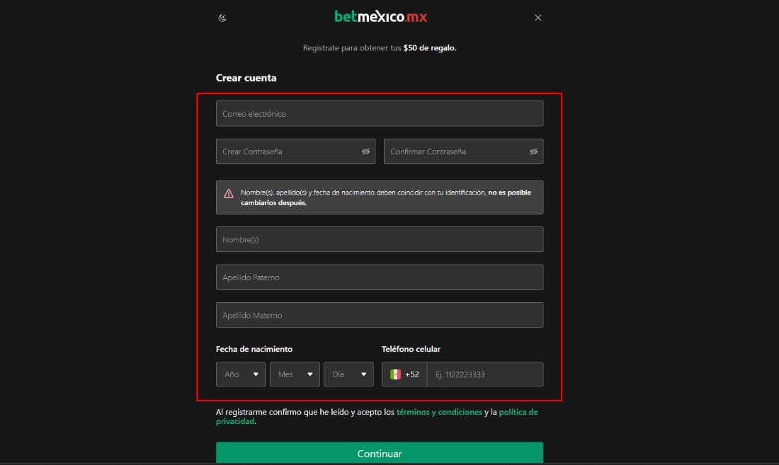 Account creation form on BetMexico with fields for personal data and contact information