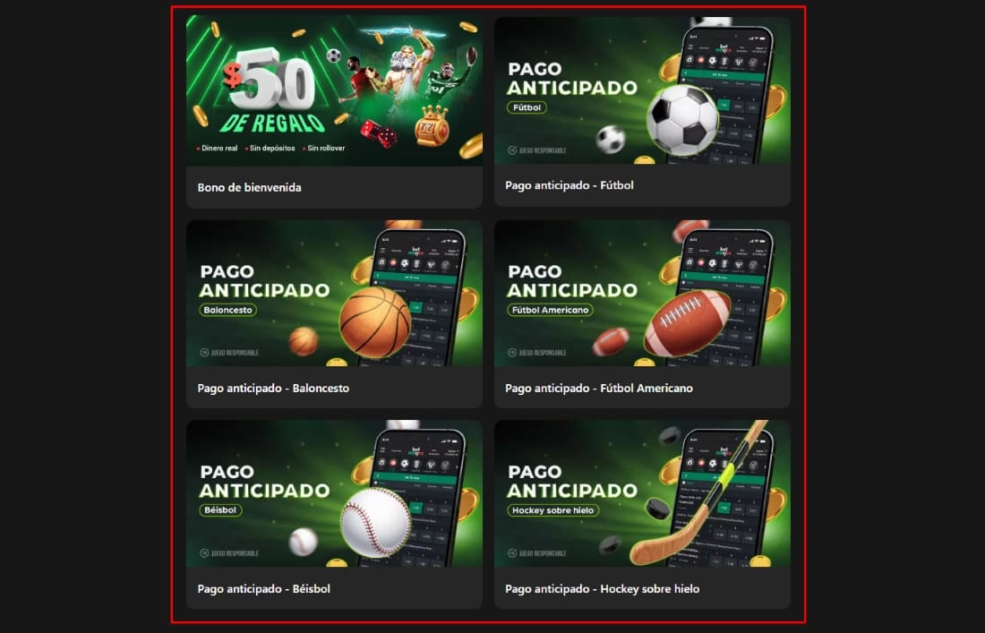 Promotions panel showing welcome bonus and early payout options by sport on BetMexico